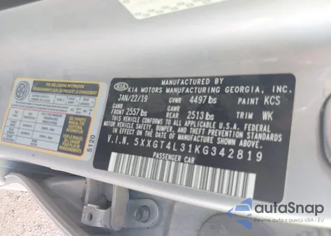 2019 Kia Optima Lx from USA, damaged, VIN 5XXGT4L31KG342819